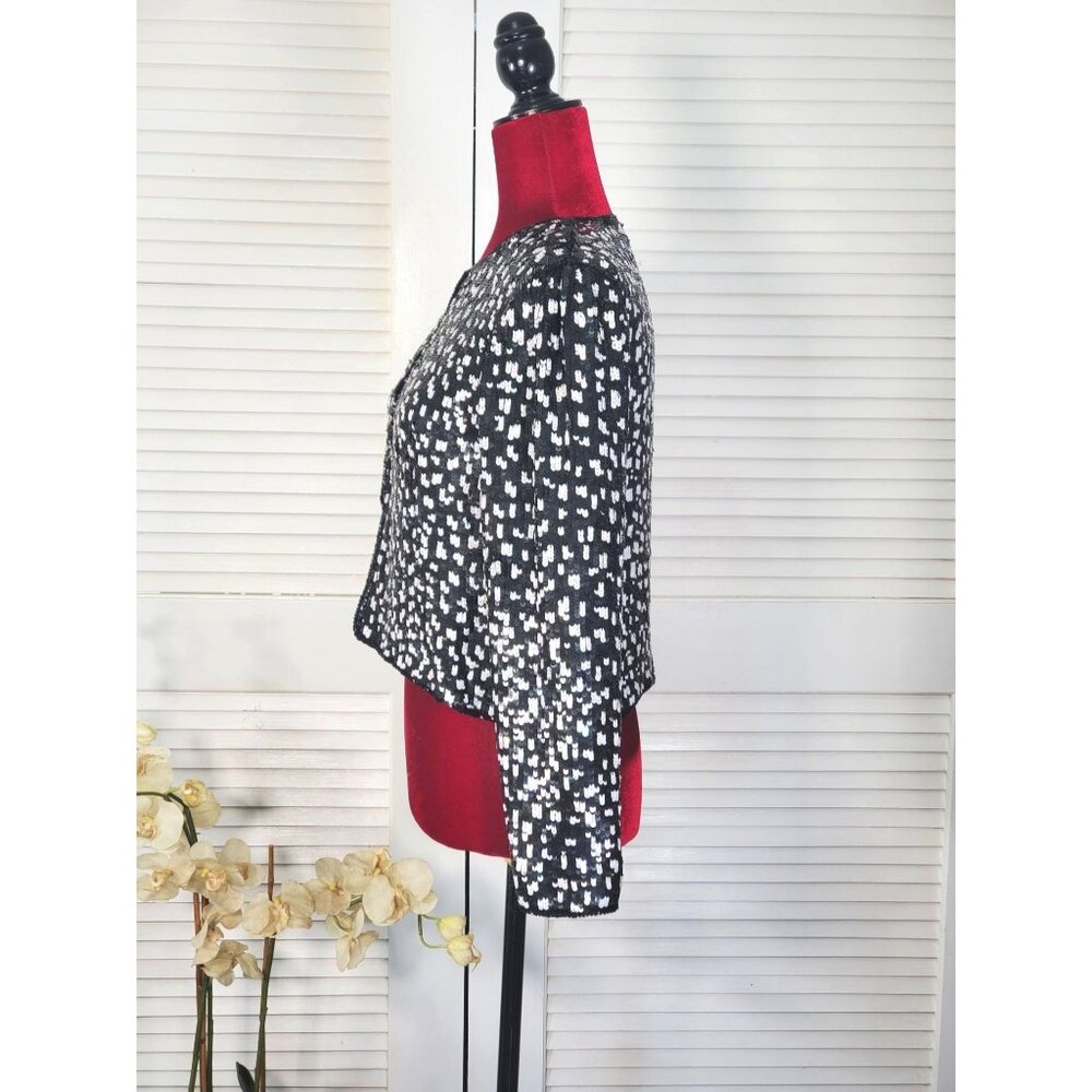 Vintage Stenag  Black and White Sequin Silk Bolero Evening Jacket Sz P S 1599 - Picture 4 of 12